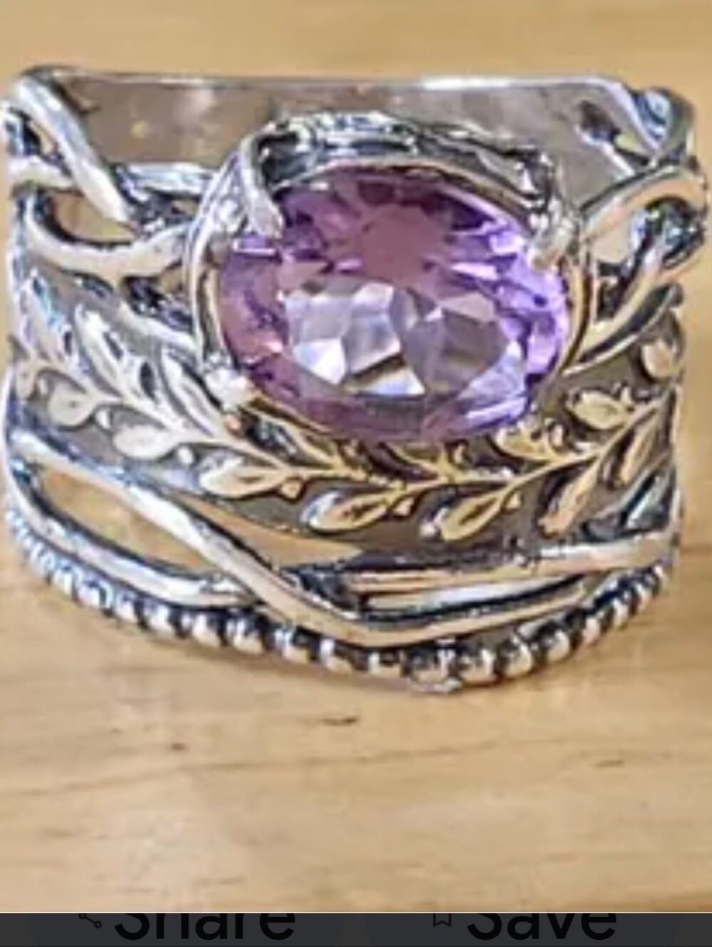 Or Paz Israel  925 Sterling Silver Amethyst Wide Band Ring.